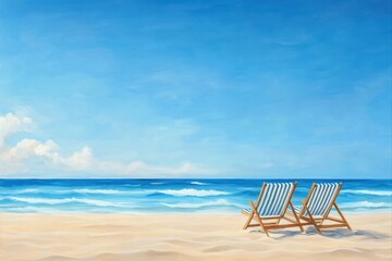 Two beach chairs on sand with ocean view for vacation and relaxation themes, travel blogs, and summer promotions.