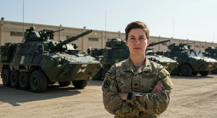 Fototapeta premium Confidence radiates from a servicewoman standing with crossed arms at the base's forefront.