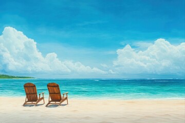 Beach chairs on the sand near the sea under the sky for travel ads, vacation planning, and summer promotions.
