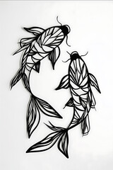 a black and white laser cut metal wall art of a geometric pair of koi fish simple and minimalist design every part of the geometric koi fish joined together on a p