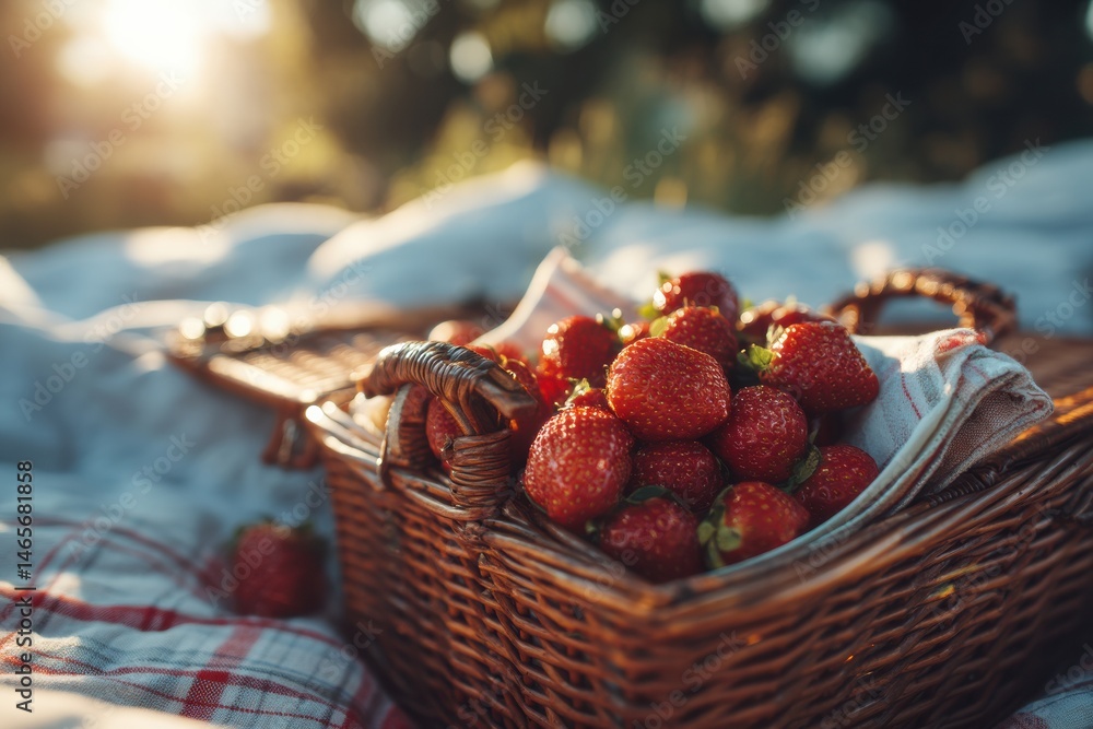 Aufkleber enjoying strawberries from a picnic basket under the warm sun in a serene outdoor setting generative