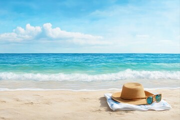 Beach scene with hat and sunglasses on towel. summer vacation concept. travel and tourism use cases.