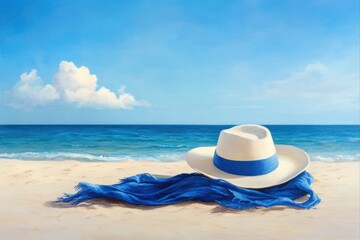 Obraz premium Hat and shawl on a beach with blue sea and sky for vacation, travel, and summer themes