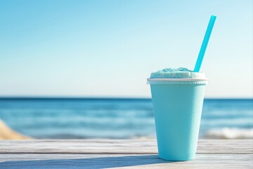 Blue smoothie with straw on wooden surface at beach for summer refreshment, menu, and advertising use.