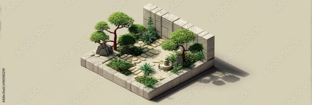 Poster minimalistic isometric zen garden featuring stone paths and tranquil greenery for relaxation and min