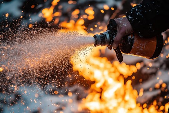Close-up of a Hand Extinguishing a Fire with a Fire Extinguisher, Sparkling Water Spray, Firefighter Fighting the Flames