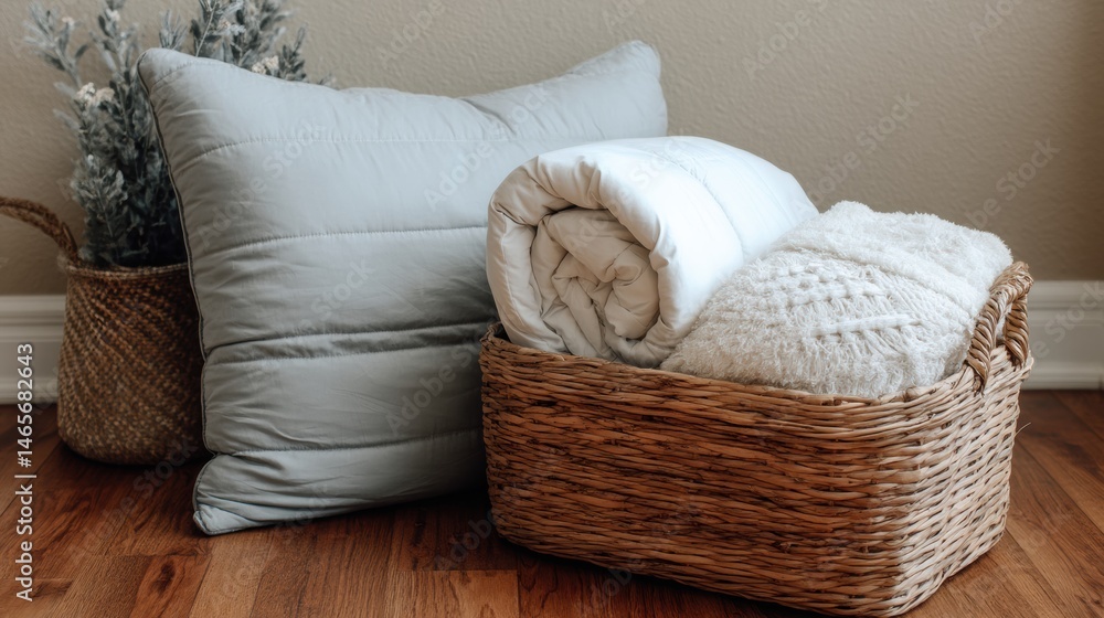 Aufkleber cozy textiles arranged neatly in a woven basket with a decorative pillow nearby for a warm touch in 