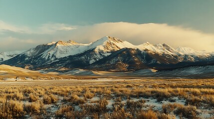 Majestic snowy mountain range over a vast, dry, golden plain.
