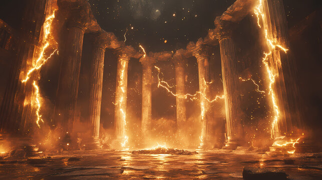 Ancient throne room with crumbling stone columns, striking lightning, and fiery torches. [Celestial Ruins] | Collapsed Stars | imploded core. Illustration