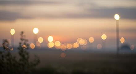 Serene Sunset Bokeh Warm Golden Lights Silhouetted Plants at Dusk