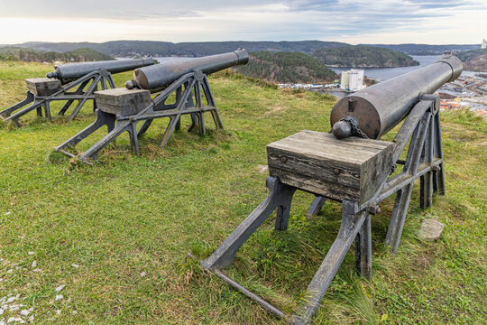 Cannons overlooking the harbor and town of Halden from Fredriksten Fortress.