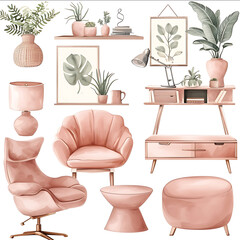 airbrush clipart boho style home decorsemi realistic neutral and dusty pink colors tables chairs lamps desk wall decor rugs vases plants books detailed fine artno
