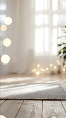 closeup de una pared blanca con luz calida piso de madera mat de yoga blur una imagen que transmita mucha calma y ambiente meditativo tonos blancos