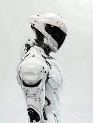 a portrait of a white cyborg racing robot dressed in a white cyberpunk futuristic racing suit the robot wears a white futuristic helmet the robot is stood in a pla