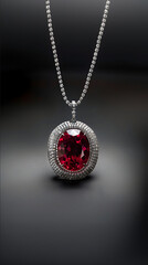 A pendant of an oval large red gemstone densely surrounded by three layers of white diamonds with no metal edges and an overall square shape The background is dark