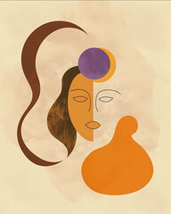 Linear Aesthetic style an illustration of a shape of a woman with a large peach fuzz color oval for the main portion a yellow circle on top and two purple circles