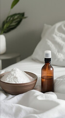 A bottle of baking soda bed bug spray on a bedside table next to a bowl of baking soda designed to prevent bed bug bites when sleeping