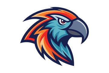 A striking macaw head with blue plumage and fire orange accents creates a dynamic emblem