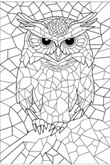 Generate an adult coloring page of a mosaic owl with clean lines low detail and no shading