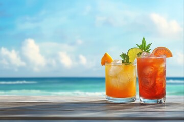 Two tropical cocktails on a wooden surface with ocean view for summer vacation, party, and relaxation use cases