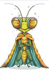 illustration of a friendly adorable cute praying mantis dressed as a superhero fairytale tshirt Design vector art on white background