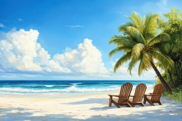 Beach scene with chairs and palm tree for travel and vacation planning, relaxation and tourism promotion