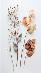 topview mockup with dry flowers leaves product photography bright studio light white background