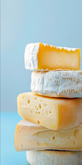 different types of fresh cheese wheels close up on top of each other light blue glazed plain background detailed realistic photography 4k