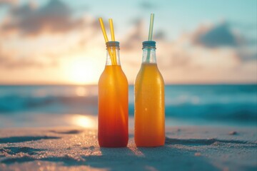 Obraz premium Two juice bottles with straws on a beach during sunset for summer vacation, refreshment, and tropical getaway concepts
