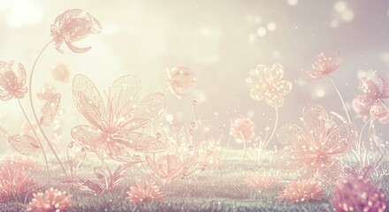 Dreamlike Pastel Glass Flowers Meadow Delicate Floral Fantasy Background