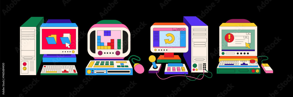 Fototapete set of retro old computers in 90і style. personal computer user interface. groovy vaporwave devices 