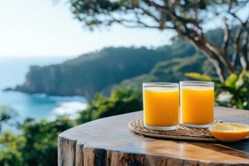 Two glasses of orange juice on a wooden table with a sea view for breakfast and refreshment use cases