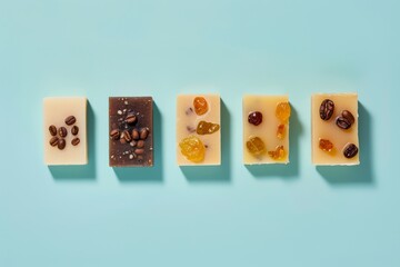 Five distinct handmade soaps featuring different ingredients are displayed on a turquoise background. Each soap has a unique design