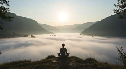 Sunrise Meditation: An individual finds inner peace, meditating in the serene landscape of a mountaintop with a breathtaking view of the mist-shrouded valley and a luminous sunrise.