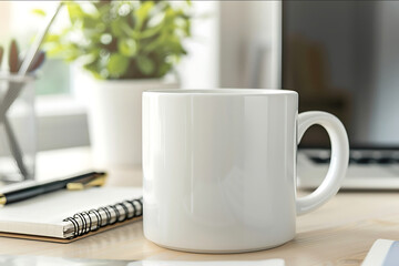 a white coffee mug in concept of woking desk with laptop notebook and pen in style of product mockup closeup view