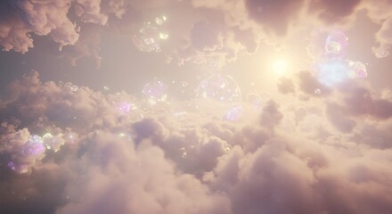 Fototapeta premium Dreamlike Cloudscape Iridescent Bubbles Floating Above Pastel Clouds at Sunrise