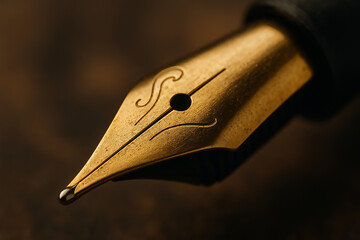 Macro close-up of gold fountain pen nib in warm light