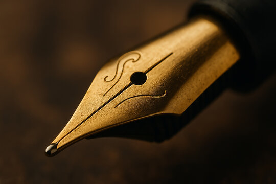 Macro close-up of gold fountain pen nib in warm light