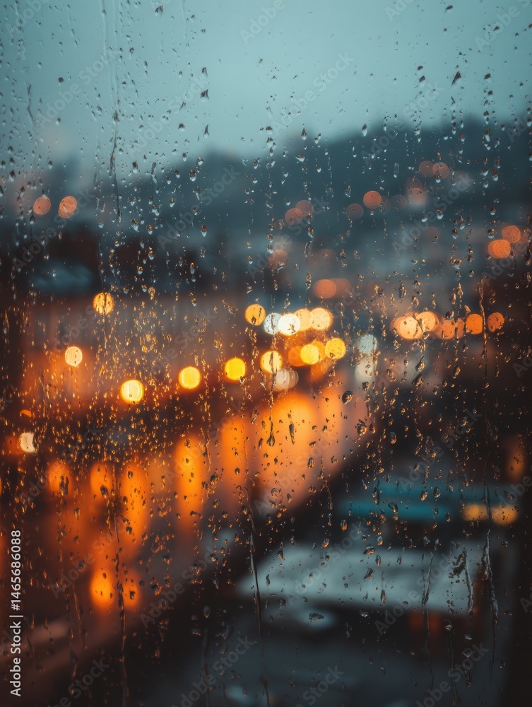 Leinwandbilder Rain Drops on Window Create a Serene View of a Blurred City With Warm Glowing Lights During a Wet Evening Generative AI