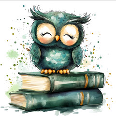 cute owl figure smiling sitting above books watercolor style cartoon in military green colors