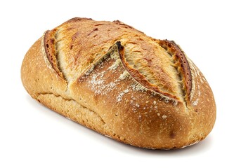 A single loaf of golden brown sourdough bread on white background
