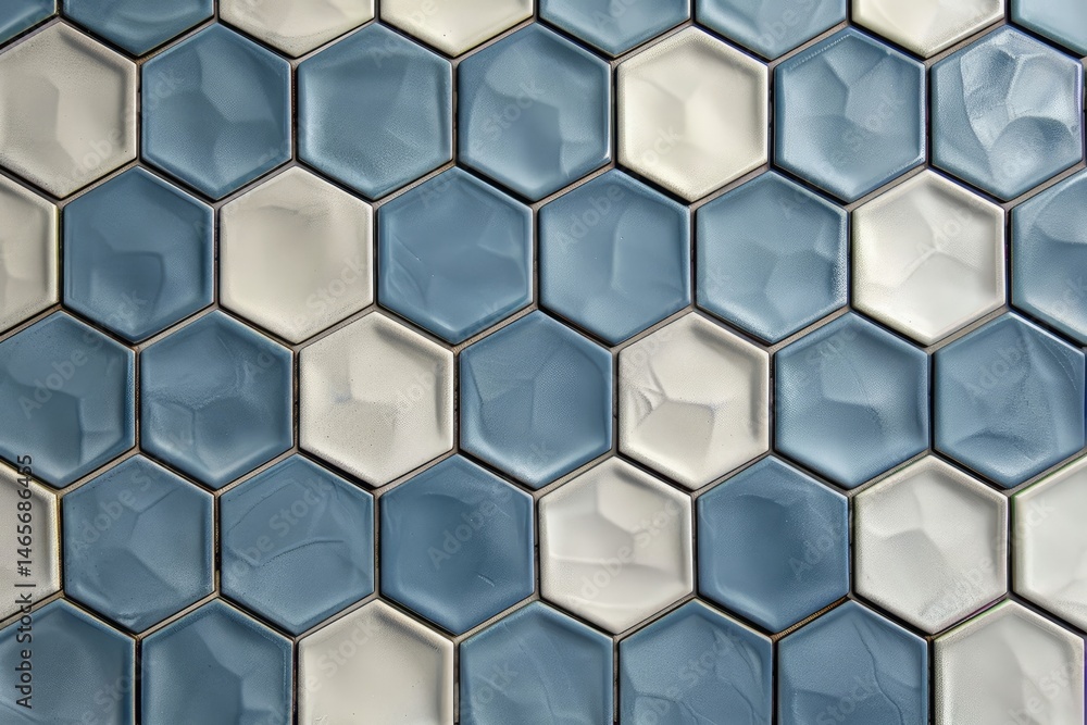 Poster close-up view of a patterned hexagonal tile wall.