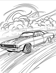Drag race car at the track format as coloring book page monochrome white background