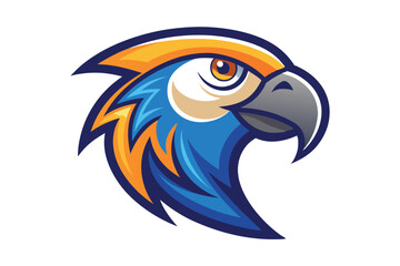 Stylized parrot head showing vibrant blues, oranges, and yellows against a plain background