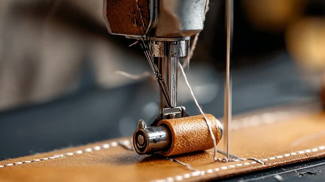 Close-up of a person sewing leather with a sewing machine, showcasing craftsmanship and precision