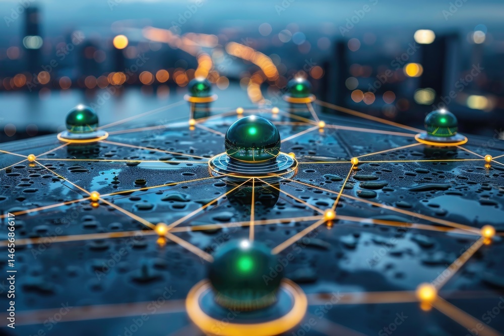 Poster urban network connection displayed on a wet surface at night.