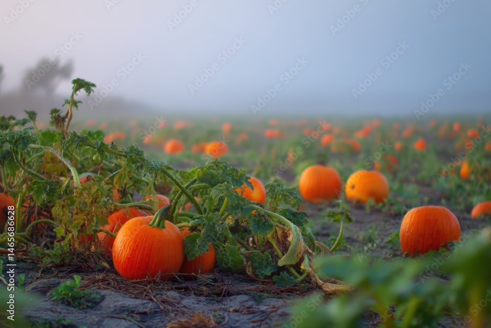 Aufkleber Soft Morning Fog Blankets a Vibrant Pumpkin Patch in Early Autumn Generative AI