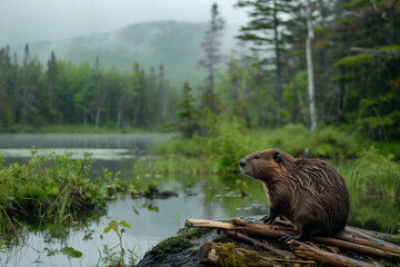 Beaver Sitting by a Forest Lake