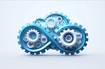 3D Cloud with Gears infinity sign a blue and white vector graphic icon on a solid background using simple shapes with a cloud symbolizing the protection of digital