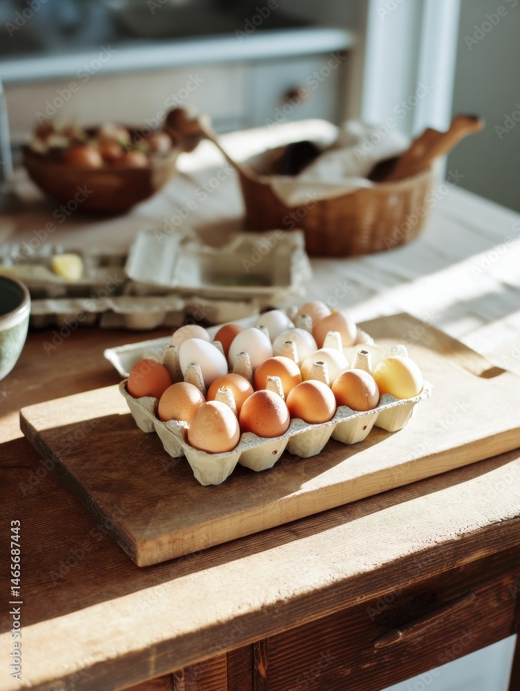 Aufkleber morning kitchen table setting with cutting board and fresh eggs ready for breakfast preparation gene